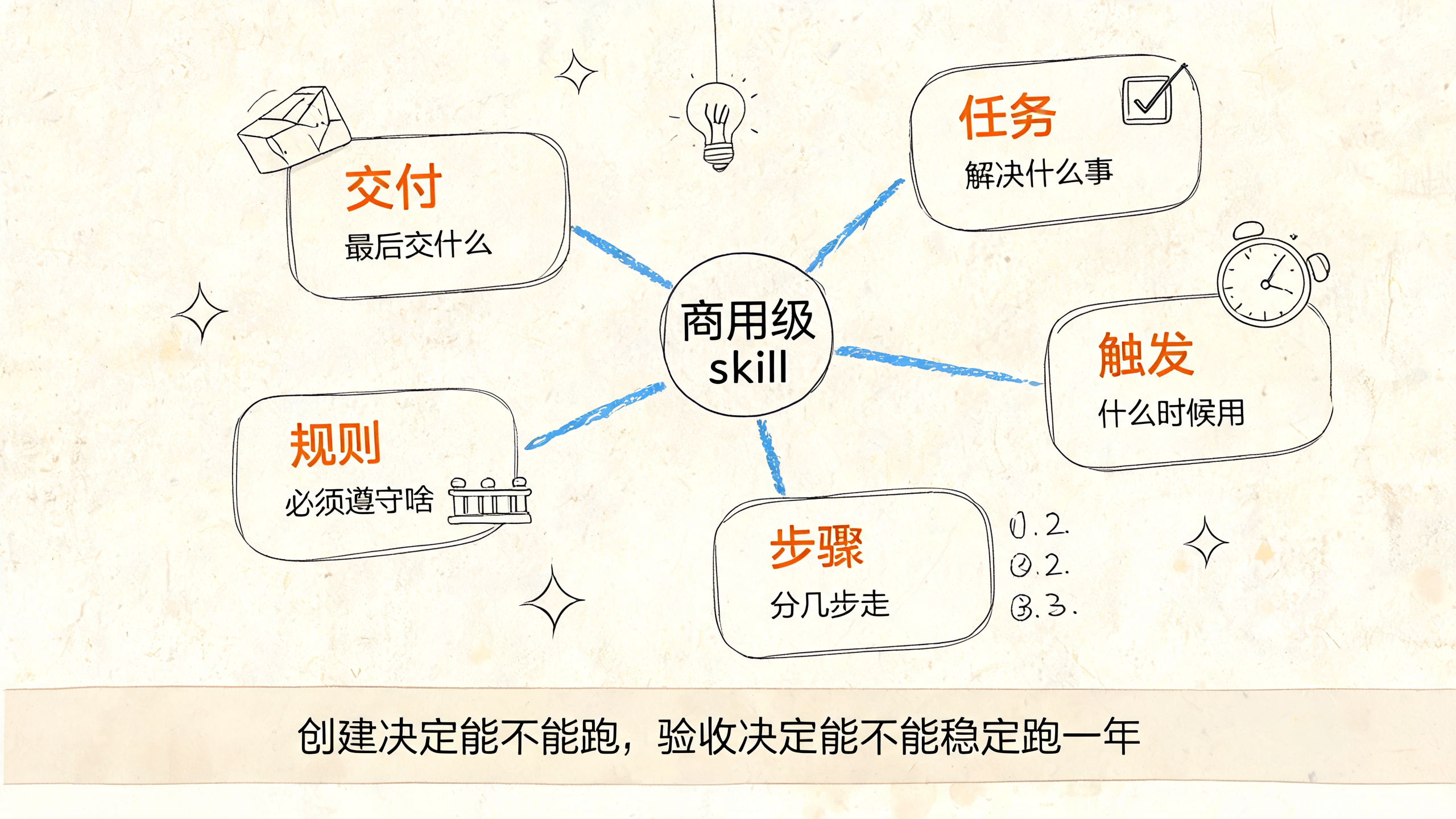 商用级 skill 五问框架：任务/触发/步骤/规则/交付